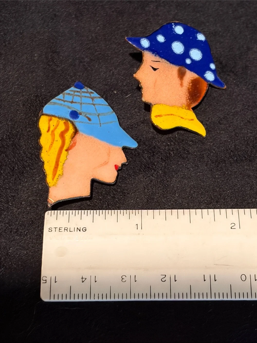 Adorable Cloisonné on Copper Blue Hat🧢 Face Pins with Playful Yellow Accents